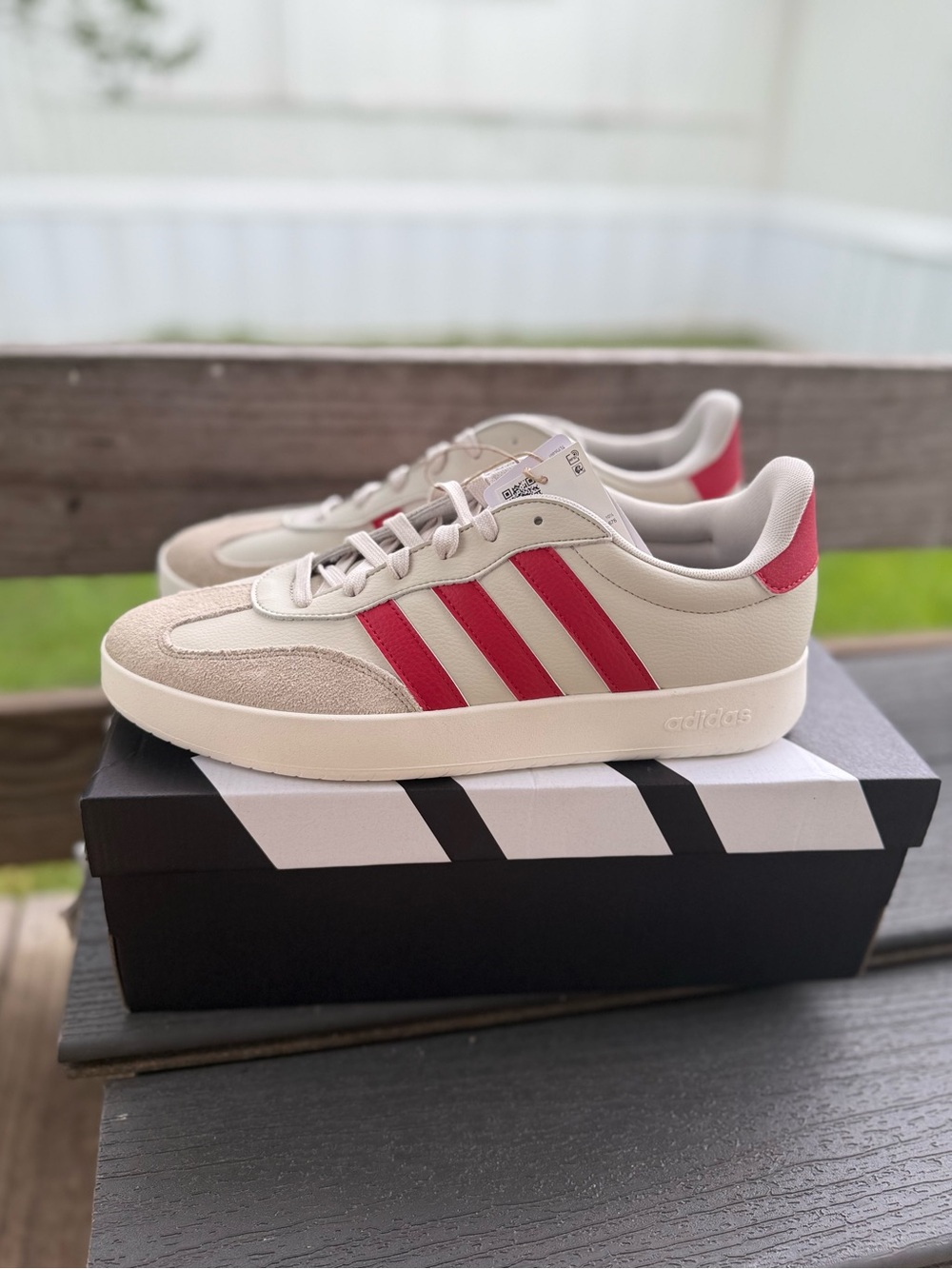adidas Barreda Cream Trainers with Red Three Stripes